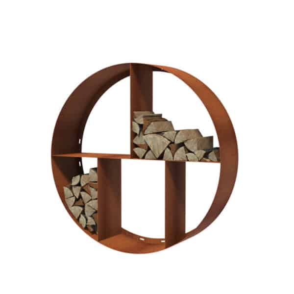 acero corten montado en la pared al aire libre de almacenamiento de madera