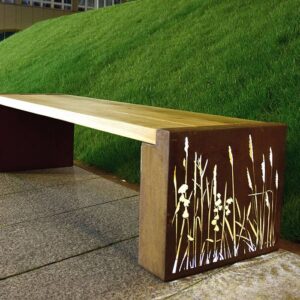 banco de jardín de acero corten con patas ligeras