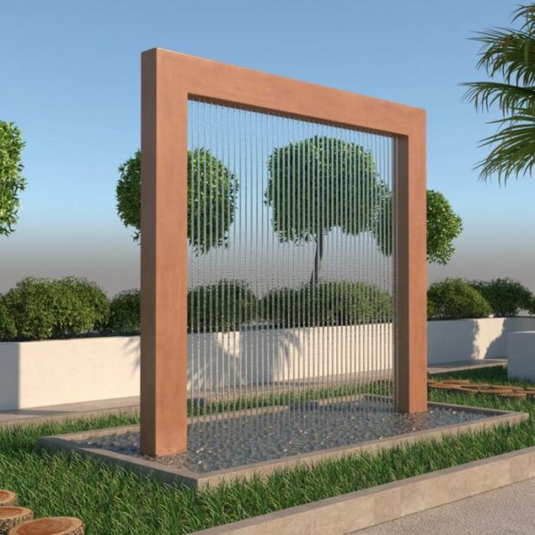 giochi d'acqua per esterni in acciaio corten con luce