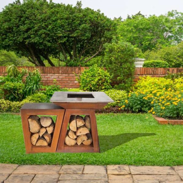parrilla de carbón cuadrada con almacenamiento de leña de acero corten