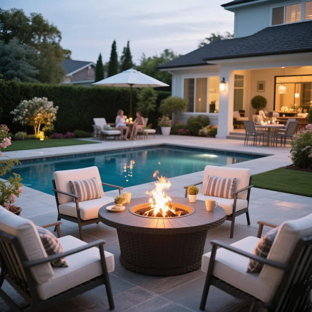Poolside gathering around the fire pit table_1