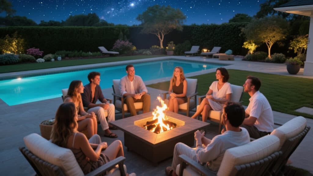 gathering with fire pit tables at poolside
